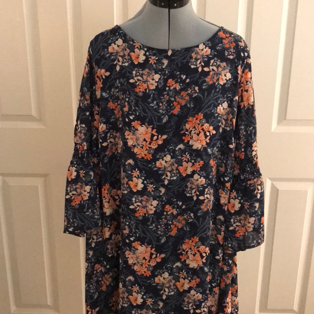 Luxology Spring Navy Blue Dress w/ Coral Pink Flowers Bell Sleeves Plus …